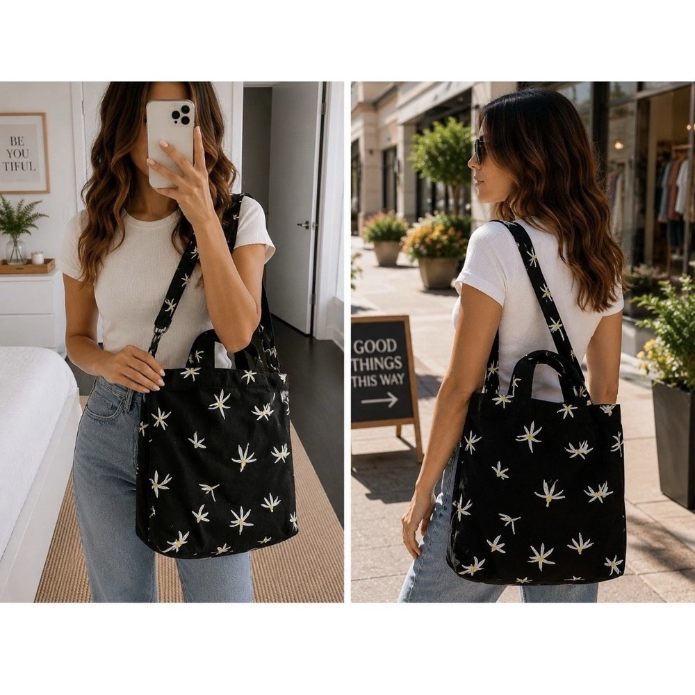 BAGGU Duck Tote Bag Black Daisy Print Snap Clasp Inside Pocket Canvas Handles